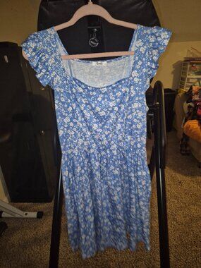 Loemes Blue Floral Ruffle Sleeve Mini Dress with Pockets Size Large